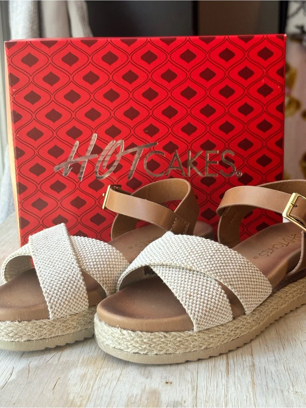 Hot Cakes Cream Woven Espadrille Sandals with Tan Ankle Strap